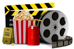 Picture of a movie reel, popcorn, soda